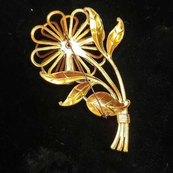 Aquamarine Center Flower Brooch Floral Pin Statement Gold Tone Vintage Unsigned - Picture 4 of 7